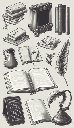 a drawing of various objects for studying or studying with books, calculator and other equipmentのイラスト素材