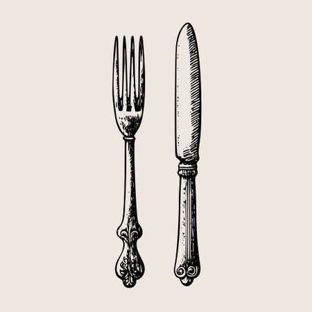 A vintage engraving style sketch of a fork and knife.のイラスト素材