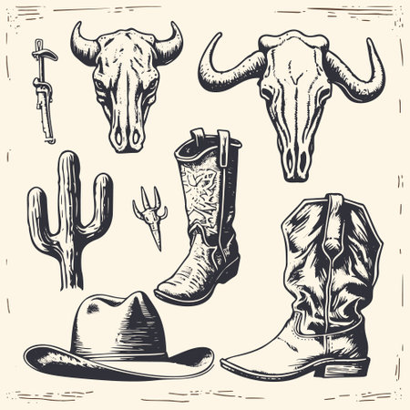 Vintage symbols of the Wild West in a hand-drawn vector sketch illustration, including a cowboy hat, boots, cow skull, and gun icons.のイラスト素材