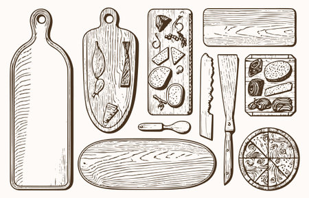 Vector collection of hand-drawn wooden cutting boards in engraving style. Includes boards for cutting bread and baguette. isolated on white background.のイラスト素材