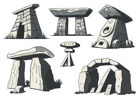 Dolmen set in vintage vector illustration style.のイラスト素材