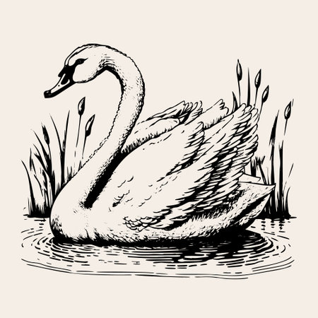 White swan on a pond, hand-drawn realistic sketch vector illustration.のイラスト素材