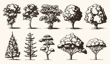 A collection of tree sketches in a vintage engraving style.のイラスト素材