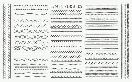 Hand-drawn vector line borders set, including pencil strokes, dividers, and geometric vintage fashion elements.のイラスト素材