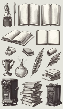 a drawing of various objects for studying or studying with books, calculator and other equipmentのイラスト素材