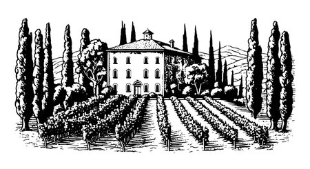 Vintage engraving-style illustration of a villa with cypress trees, vineyards, and rural landscape, perfect for wineries and wine shops.のイラスト素材
