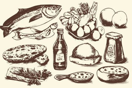 Vintage illustrations of various natural farm products such as meat, cheese, bread, milk, eggs, fish, and vegetables.のイラスト素材