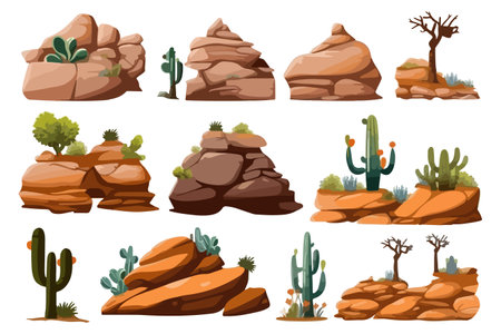 Hand-drawn vector illustrations of desert landscape elements, including cacti, rocks, sandstones, succulents, trees, and plants, in a cartoon style.のイラスト素材