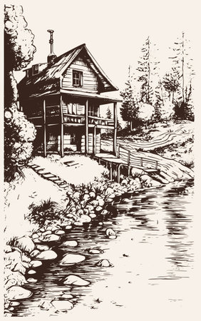 Hand-drawn illustration of a wooden cabin house located by a river.のイラスト素材