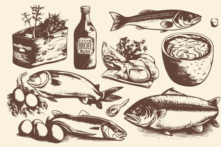 Vintage illustrations of various natural farm products such as meat, cheese, bread, milk, eggs, fish, and vegetables.のイラスト素材