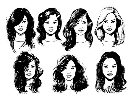 Hand-drawn vector sketch of a beautiful woman's face and hairのイラスト素材
