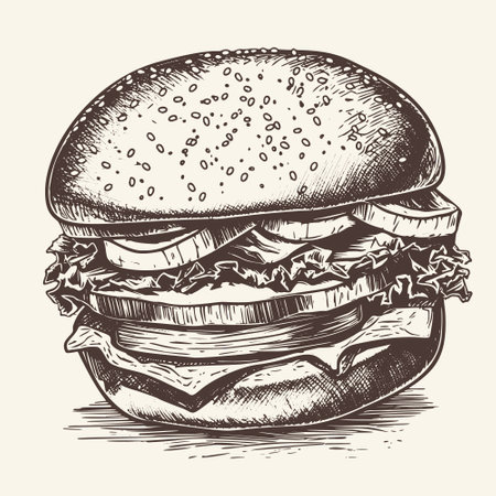 Hand-drawn vector illustration of a big hamburger, done in a retro sketch style.のイラスト素材