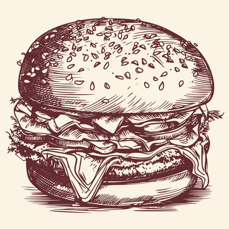 Hand-drawn vector illustration of a big hamburger, done in a retro sketch style.のイラスト素材