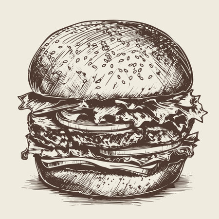 Hand-drawn vector illustration of a big hamburger, done in a retro sketch style.のイラスト素材