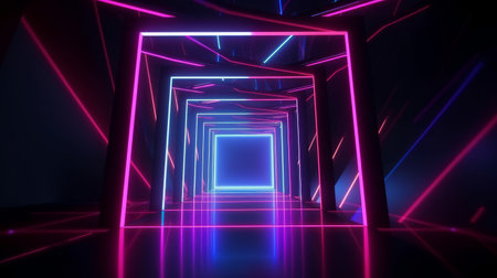An abstract geometric neon background is depicted in a 3D render, featuring a glowing square frame. A laser linear shape can be seen within the dark tunnel.の写真素材