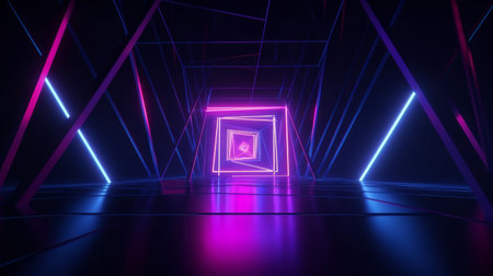 An abstract geometric neon background is depicted in a 3D render, featuring a glowing square frame. A laser linear shape can be seen within the dark tunnel.の写真素材
