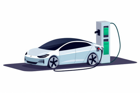 A flat vector illustration depicts an electric sedan car parked and charging at a fast charger EV station using a plug-in cable, representing electrified battery vehicle transportation or e-motion.の写真素材