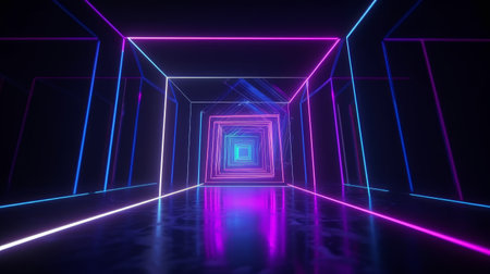 An abstract geometric neon background is depicted in a 3D render, featuring a glowing square frame. A laser linear shape can be seen within the dark tunnel.の写真素材