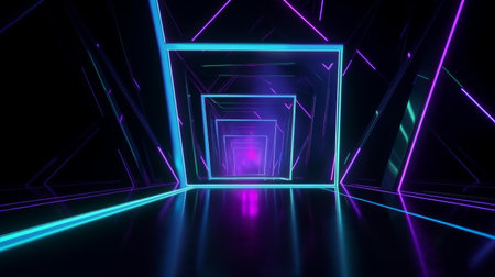 An abstract geometric neon background is depicted in a 3D render, featuring a glowing square frame. A laser linear shape can be seen within the dark tunnel.の写真素材