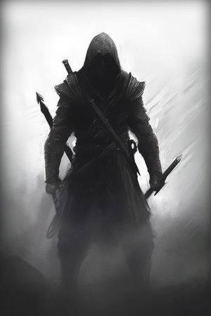dark assassin, ninja in the fog, hooded warrior.の写真素材