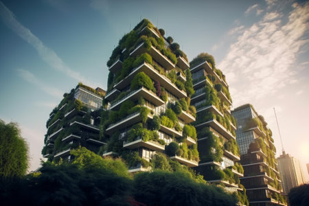 A stylish modern building with green plants on its facade, representing a building project for the city of the future, infrastructure development, and green eco-city streets business with solar panels.の写真素材