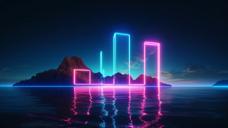 A 3D rendered abstract neon background featuring glowing geometric shapes and a panoramic view of a fantasy seascape and terrain.の写真素材