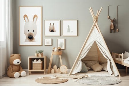 Modern eco-friendly kids room with wooden accents, colorful toys, and a poster mockup in Scandinavian style.の写真素材