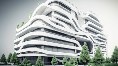 A stylish white modern building with smooth facade lines and green plants, representing a building project for the city of the future, infrastructure development, and green eco-city streets business.の写真素材