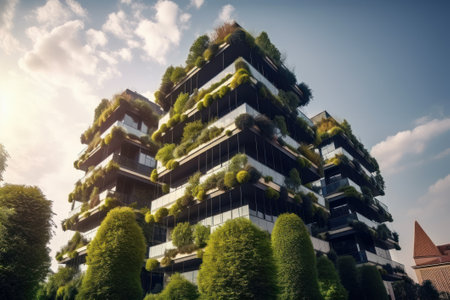 A stylish modern building with green plants on its facade, representing a building project for the city of the future, infrastructure development, and green eco-city streets business with solar panels.の写真素材