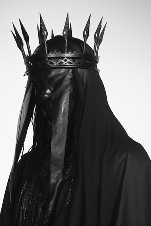 a figure in a black robe with a crown with sharp spikes, the concept of the dark lord..の写真素材