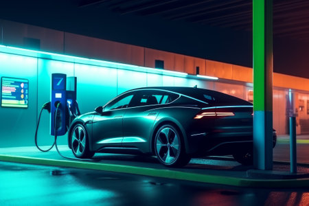 An eco-friendly electric car charging at a city gas station, featuring an industrial landscape, neon elements, and promoting a healthy environment with zero harmful emissions.の写真素材