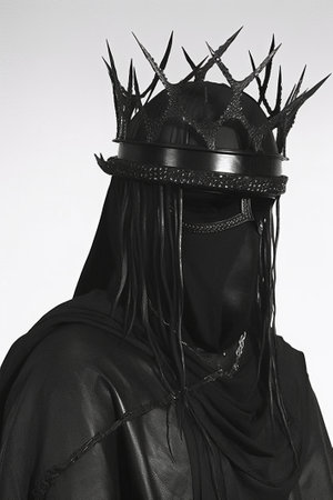 a figure in a black robe with a crown with sharp spikes, the concept of the dark lord..の写真素材