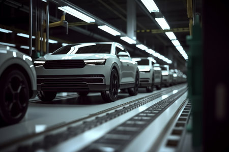 A robot conveyor production line of machines in a machine factory with electric machines on conveyors, assembling parts using green energy.の写真素材
