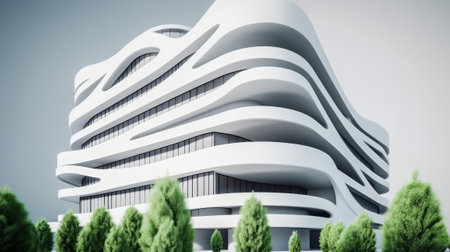 A stylish white modern building with smooth facade lines and green plants, representing a building project for the city of the future, infrastructure development, and green eco-city streets business.の写真素材
