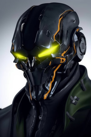 a close up of the head and face of a person in a sci-fiction suit with green eyes.の写真素材