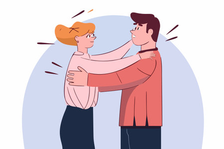 A woman hugging a man who seems unsure and confused. The woman is smiling and showing affection while the man looks hesitant. relationship concept. vector illustration.のイラスト素材