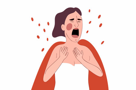 A woman in a towel shouting with a red rash on her body. Vector illustration of a woman having an allergic reaction or dermatitis.のイラスト素材
