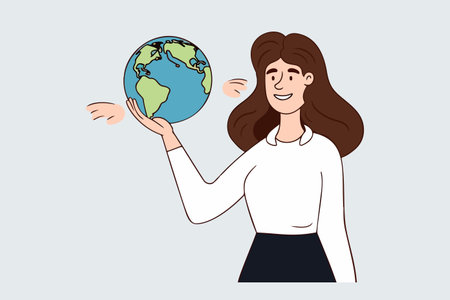 A happy female teacher holding a globe in her hand and smiling. She is a geography tutor showing a model of planet Earth. education and learning.のイラスト素材