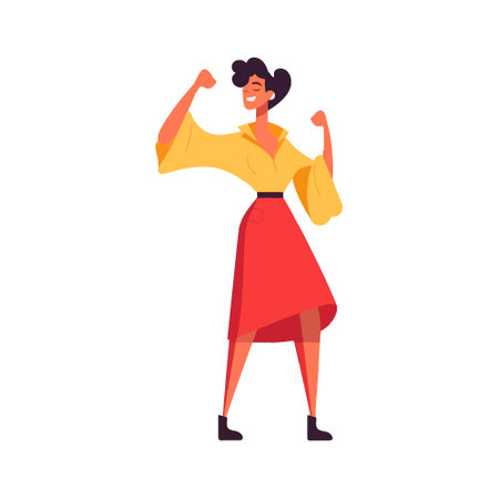 A smiling woman standing and showing a fist, symbolizing success, luck, and achieving a goal. vector illustration.のイラスト素材