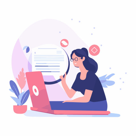Woman explore opportunities on laptop screen. Vector illustration.のイラスト素材