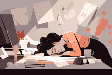Tired woman employee lying on desk, head resting on hands, eyes closed, exhausted and overwhelmed with work. Vector illustration depictions of burnout and negative effects of overworking.のイラスト素材