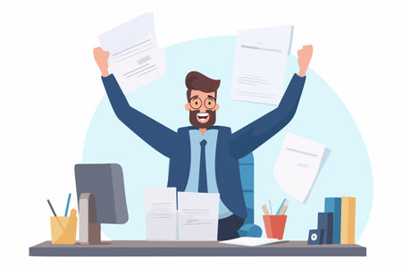 Happy businessman showing completed task document at desk. Success and time management concept. vector illustration.のイラスト素材