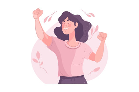 A smiling woman standing and showing a fist, symbolizing success, luck, and achieving a goal. vector illustration.のイラスト素材