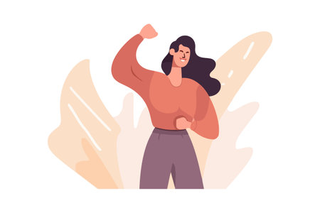 A smiling woman standing and showing a fist, symbolizing success, luck, and achieving a goal. vector illustration.のイラスト素材