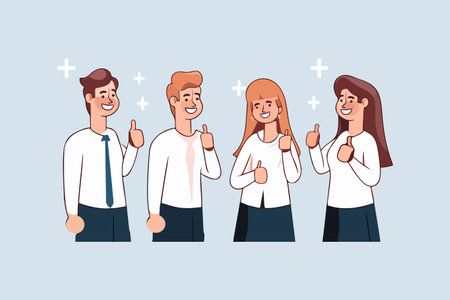 Happy team giving a thumbs up to recommend a good quality service. vector illustration.のイラスト素材