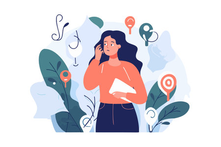 Vector illustration of a girl searching for solutions and creating ideas.のイラスト素材