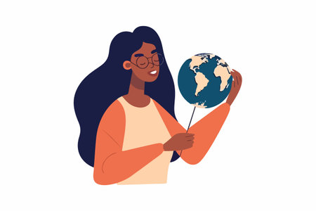 A happy female teacher holding a globe in her hand and smiling. She is a geography tutor showing a model of planet Earth. education and learning.のイラスト素材