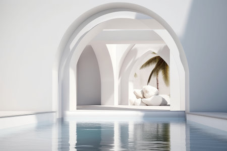 White arch background with marble podium on water for product presentation. summer scene. 3D rendering.の写真素材