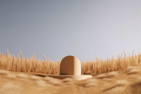 Minimalistic 3D podium stand on dry grass for product display, with a classical arch studio background. Perfect for showcasing summer products. Realistic rendering.の写真素材