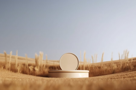Minimalistic 3D podium stand on dry grass for product display, with a classical arch studio background. Perfect for showcasing summer products. Realistic rendering.の写真素材